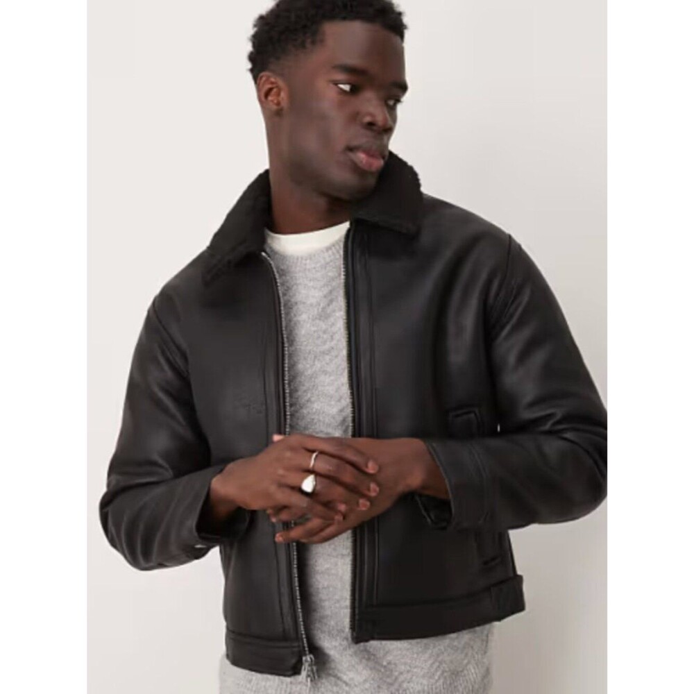 Mens Abercrombie and Fitch Black Vegan Leather sherpa collar bomber jacket sz s